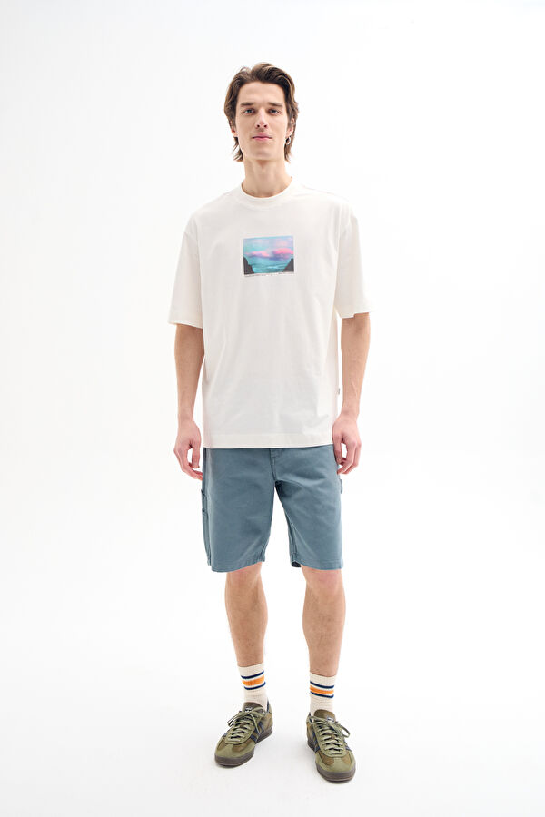 Ekru Bisiklet Yaka Baskılı Erkek T-Shirt