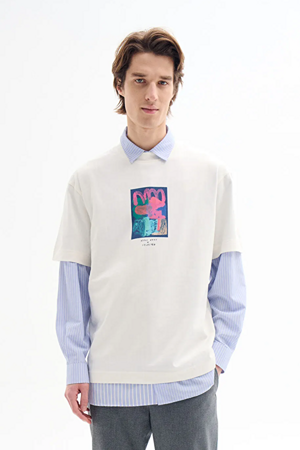 Ekru Bisiklet Yaka Baskılı Erkek T-Shirt