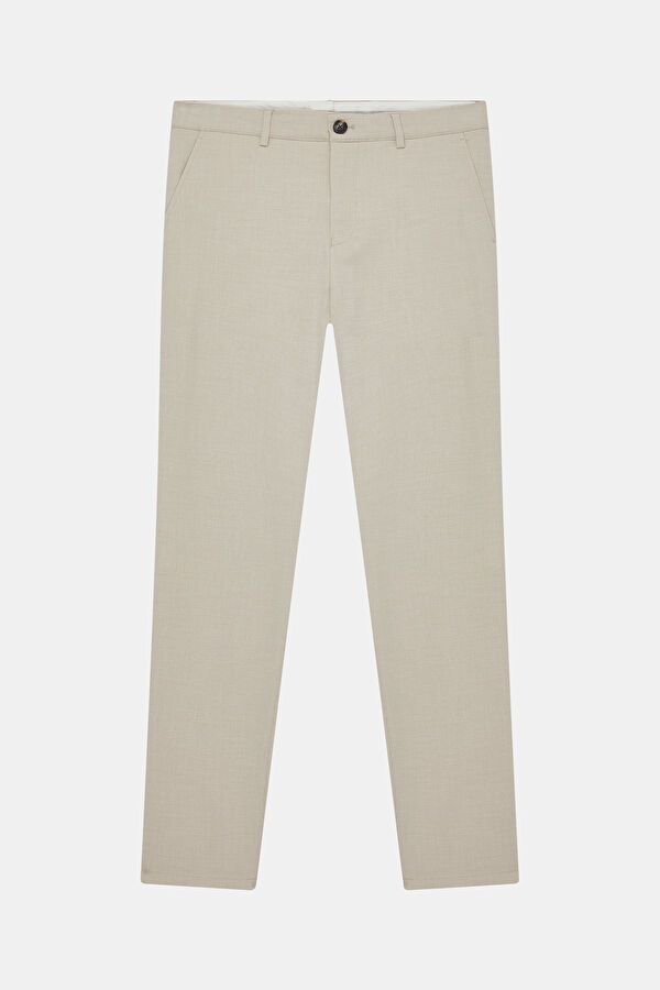 Cream-colored, straight-leg men's trousers.