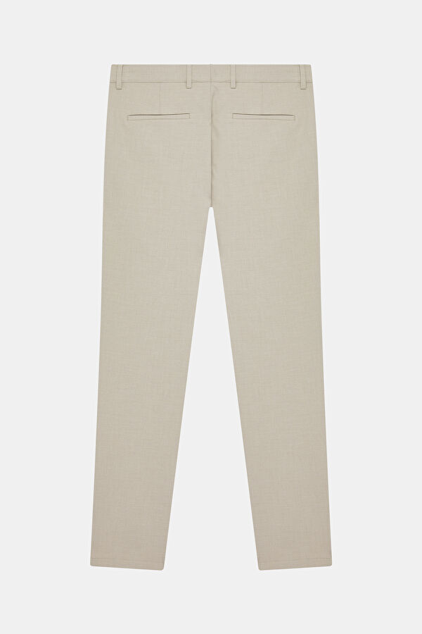 Cream-colored, straight-leg men's trousers. 2