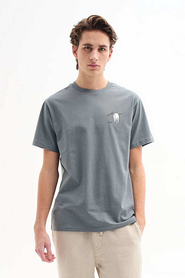 Relax Kalıp Gri Bisiklet Yaka Baskılı T-Shirt
