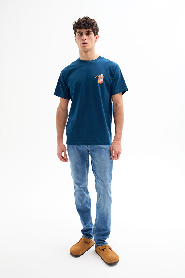 Relax Kalıp Lacivert Bisiklet Yaka Baskılı T-Shirt