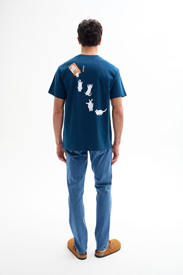Relax Kalıp Lacivert Bisiklet Yaka Baskılı T-Shirt 2