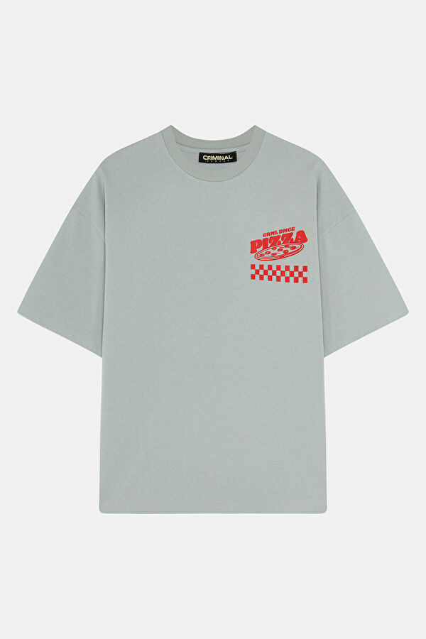 Relax Kalıp Açık Mavi Bisiklet Yaka Baskılı Erkek T-Shirt