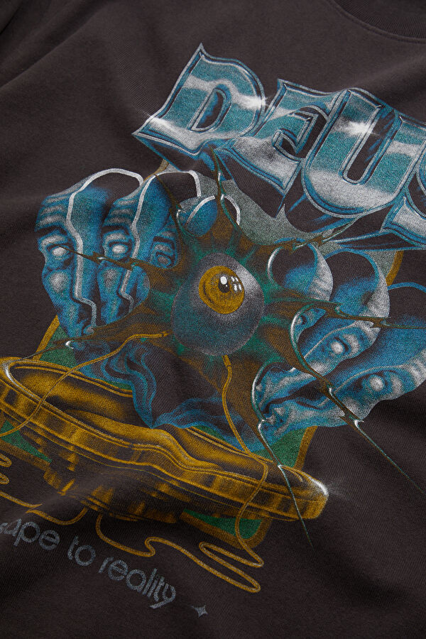 Oversize Anthracite Crew Neck Printed Men's T-Shirt 4