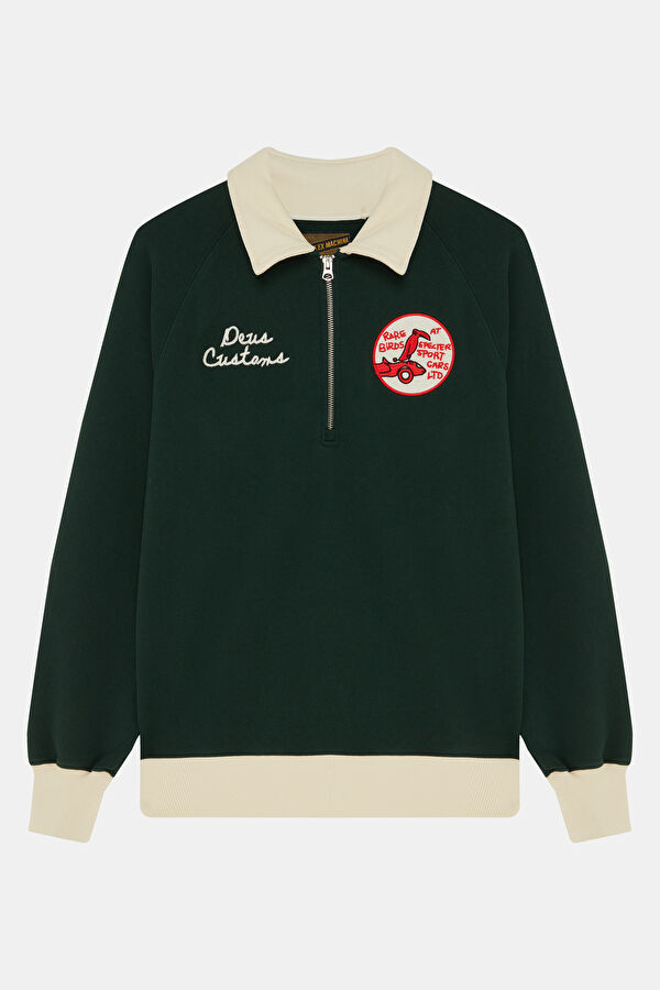 Koyu Yeşil Relax Kalıp Polo Yaka Erkek Sweatshirt