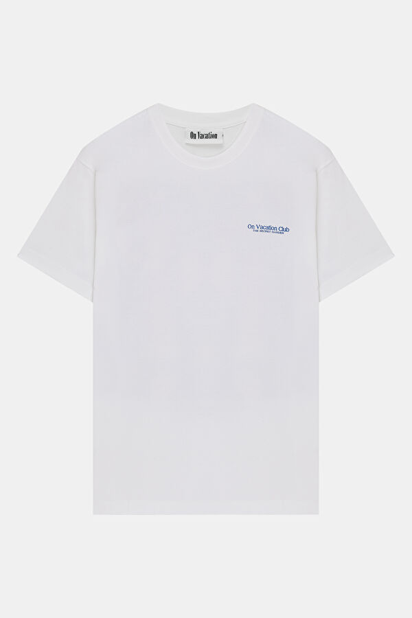 Relax Kalıp Beyaz Bisiklet Yaka Baskılı T-Shirt 3