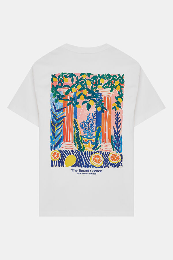 Relax Kalıp Beyaz Bisiklet Yaka Baskılı T-Shirt 4