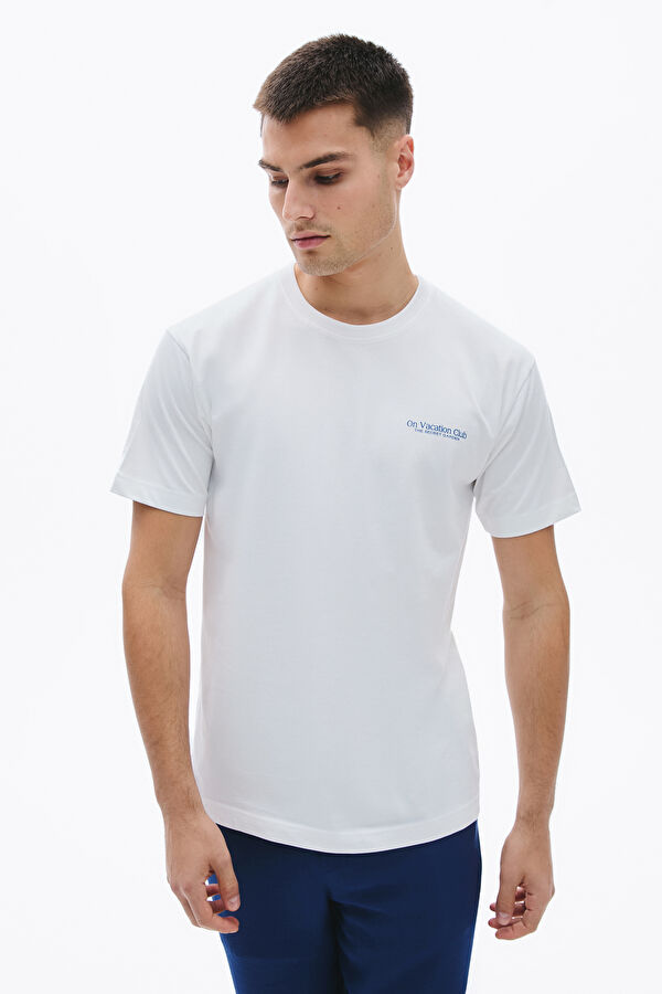 Relax Kalıp Beyaz Bisiklet Yaka Baskılı T-Shirt