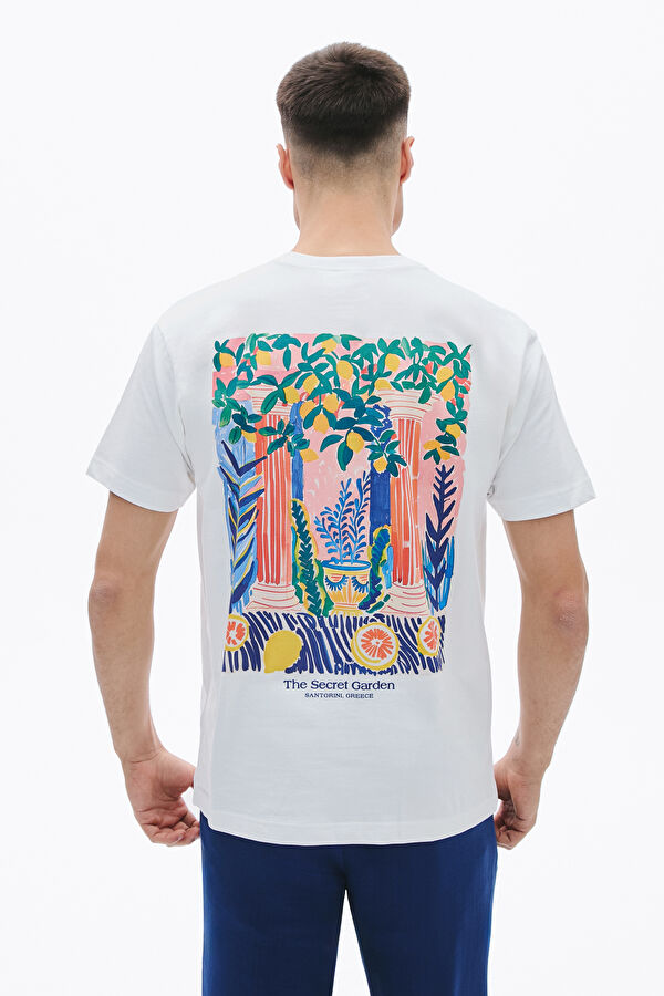 Relax Kalıp Beyaz Bisiklet Yaka Baskılı T-Shirt 2