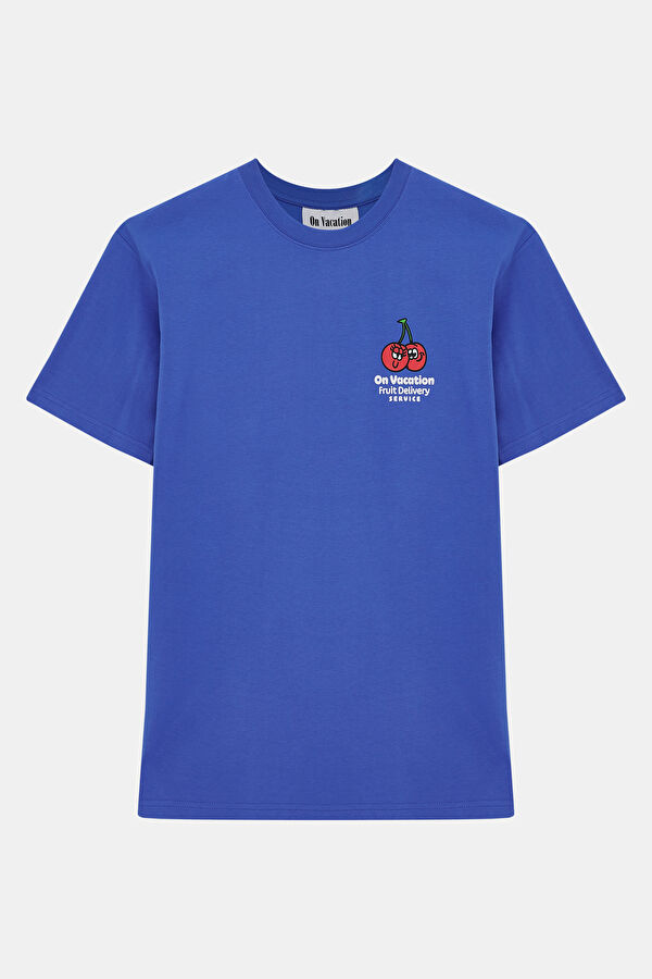 Relax Kalıp Mavi Bisiklet Yaka Baskılı Erkek T-Shirt 4