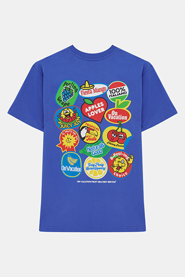 Relax Kalıp Mavi Bisiklet Yaka Baskılı Erkek T-Shirt 5