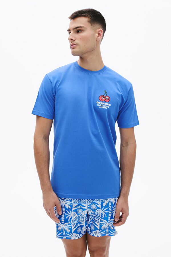 Relax Kalıp Mavi Bisiklet Yaka Baskılı Erkek T-Shirt