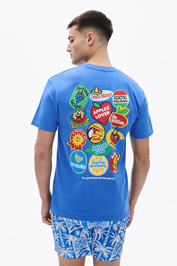 Relax Kalıp Mavi Bisiklet Yaka Baskılı Erkek T-Shirt 2