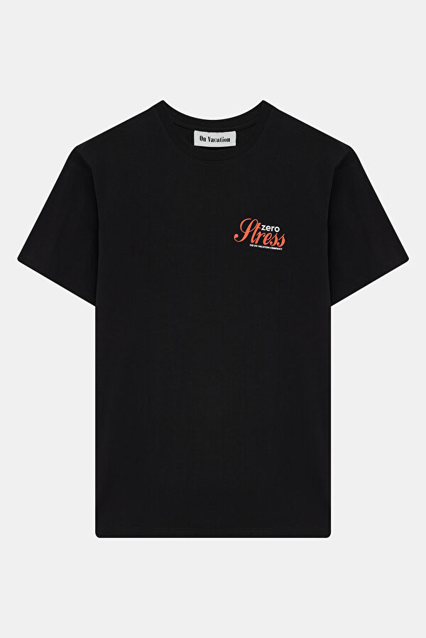 Relax Kalıp Siyah Bisiklet Yaka Baskılı Erkek T-Shirt