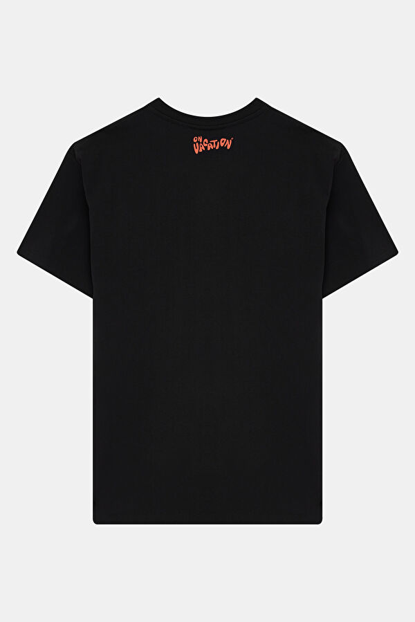 Relax Kalıp Siyah Bisiklet Yaka Baskılı Erkek T-Shirt 2