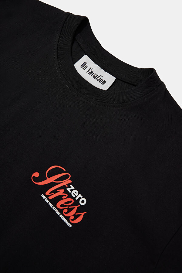 Relax Kalıp Siyah Bisiklet Yaka Baskılı Erkek T-Shirt 3