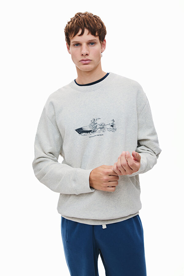 Açık Gri Relax Kalıp Bisiklet Yaka Erkek Sweatshirt