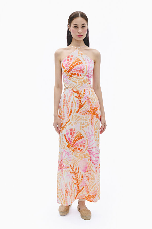 White Patterned Maxi Linen Women's Dress