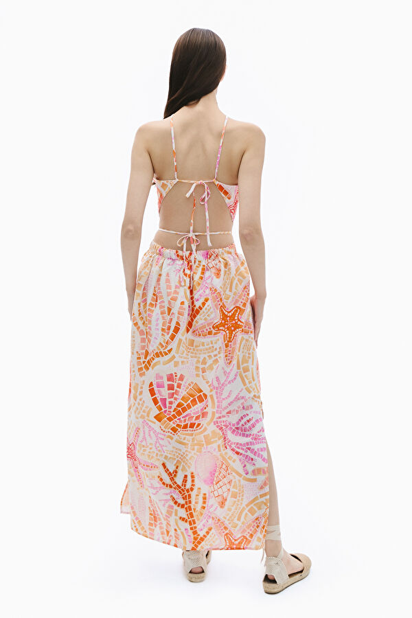 White Patterned Maxi Linen Women's Dress 2