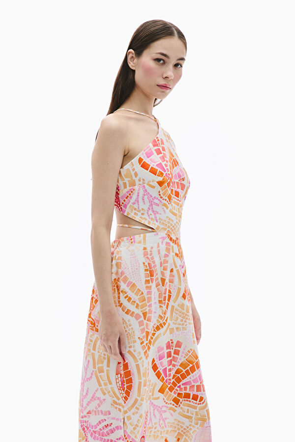 White Patterned Maxi Linen Women's Dress 3