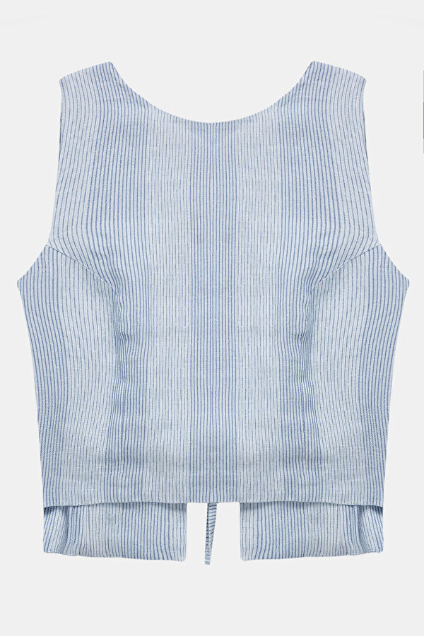 Navy Blue Linen Sleeveless Women's Blouse 4