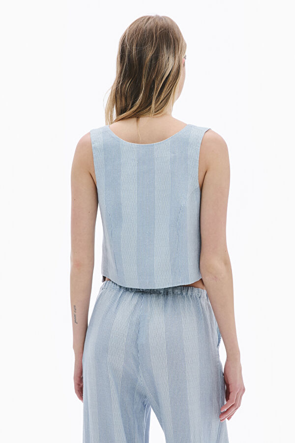 Navy Blue Linen Sleeveless Women's Blouse 2