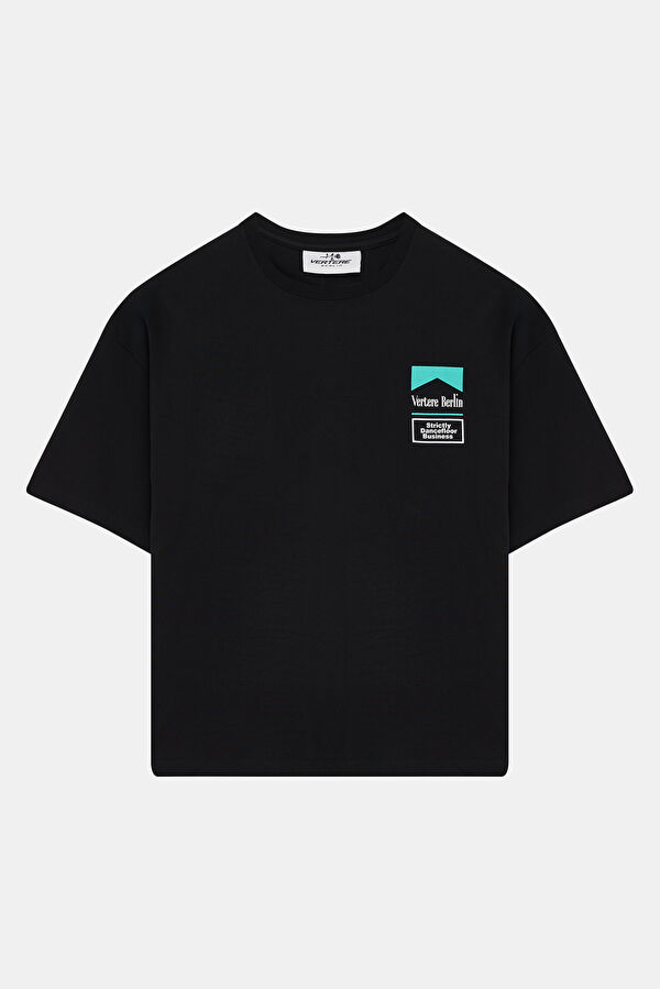 Relax Kalıp Siyah Bisiklet Yaka Baskılı Erkek T-Shirt