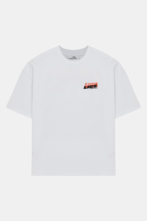 Relax Kalıp Beyaz Bisiklet Yaka Baskılı Erkek T-Shirt 5