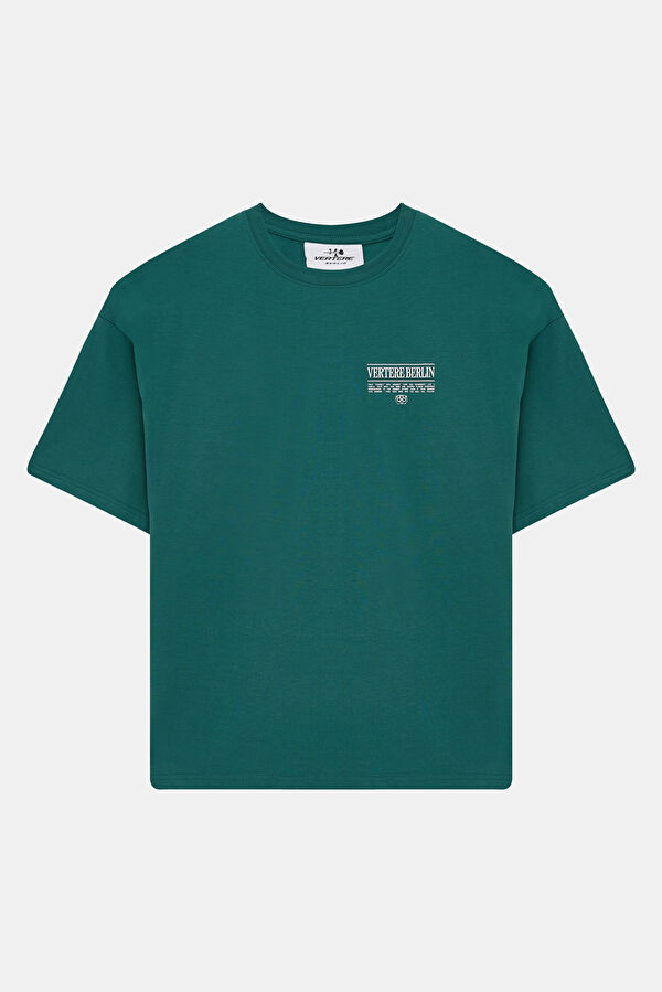 Relax Kalıp Yeşil Bisiklet Yaka Baskılı Erkek T-Shirt 4