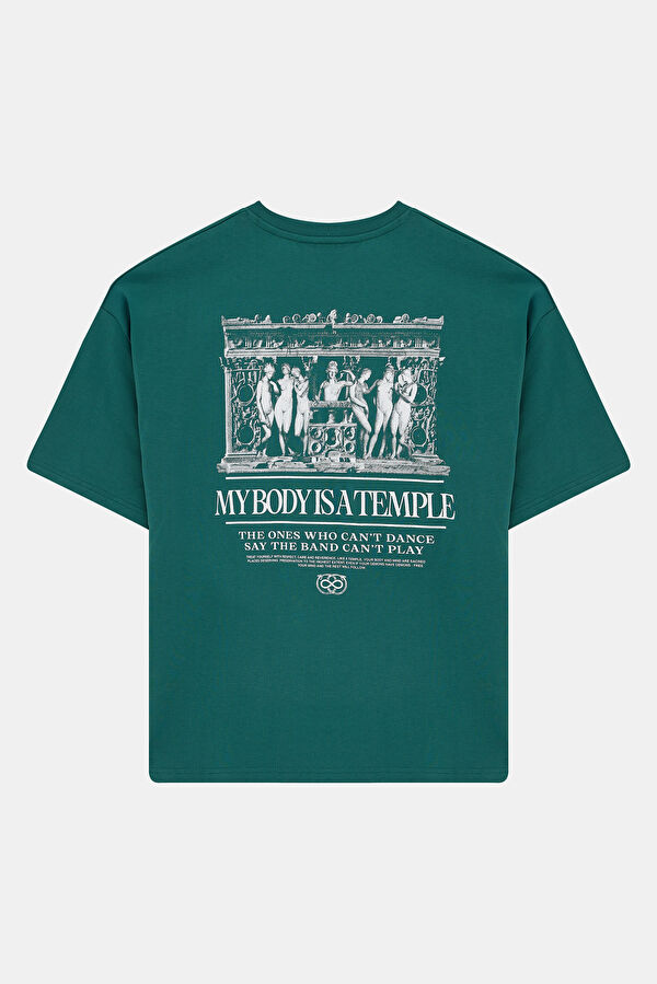 Relax Kalıp Yeşil Bisiklet Yaka Baskılı Erkek T-Shirt 5