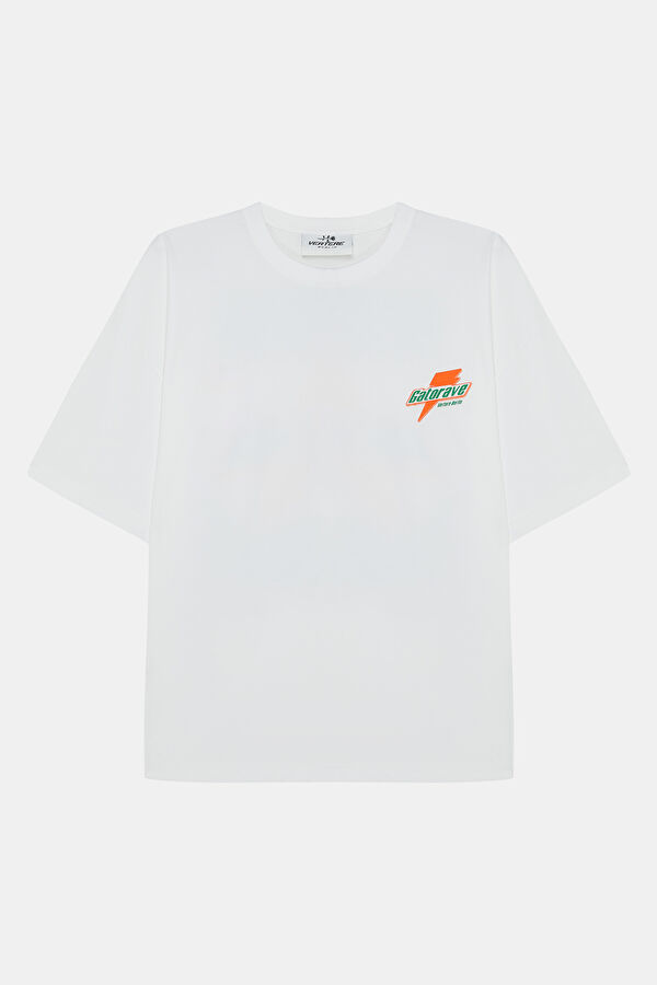 Relax Kalıp Beyaz Bisiklet Yaka Baskılı Erkek T-Shirt 4