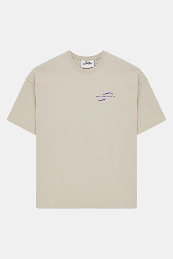 Relax Kalıp Bej Bisiklet Yaka Baskılı Erkek T-Shirt