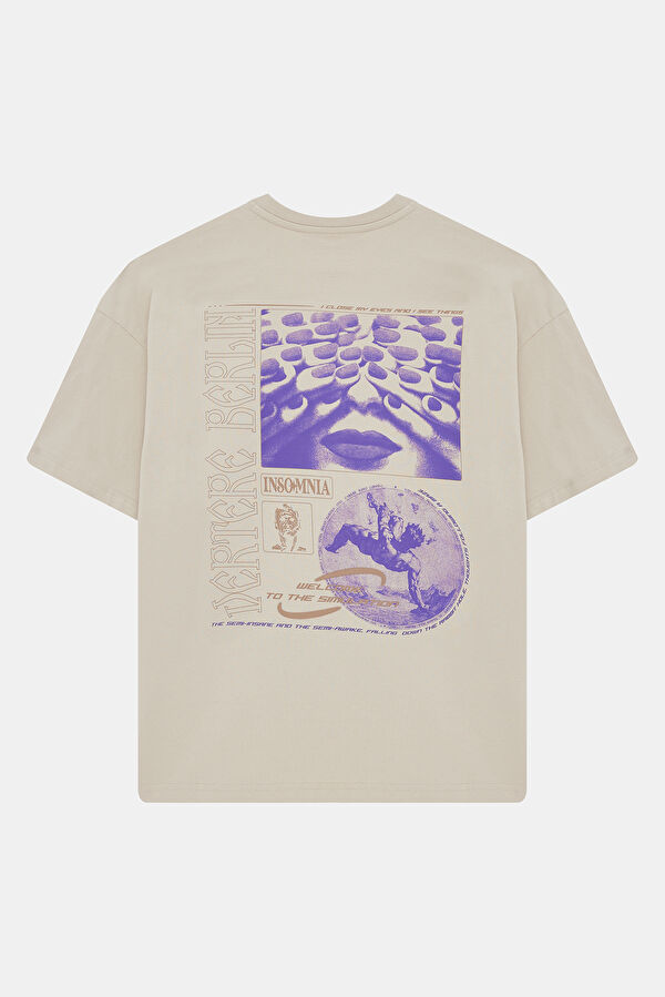 Relax Kalıp Bej Bisiklet Yaka Baskılı Erkek T-Shirt 2
