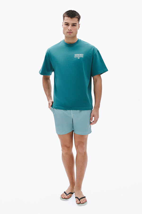 Relax Kalıp Yeşil Bisiklet Yaka Baskılı Erkek T-Shirt