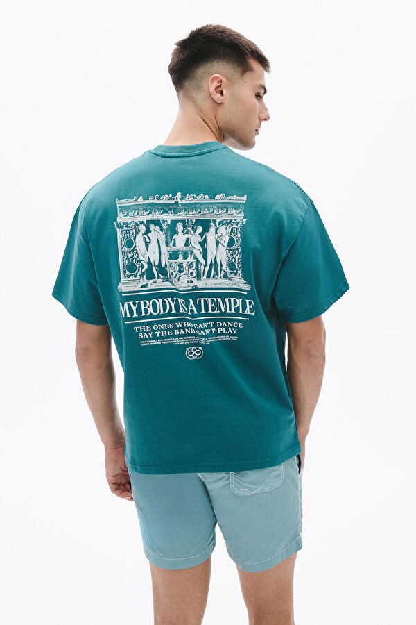 Relax Kalıp Yeşil Bisiklet Yaka Baskılı Erkek T-Shirt 2