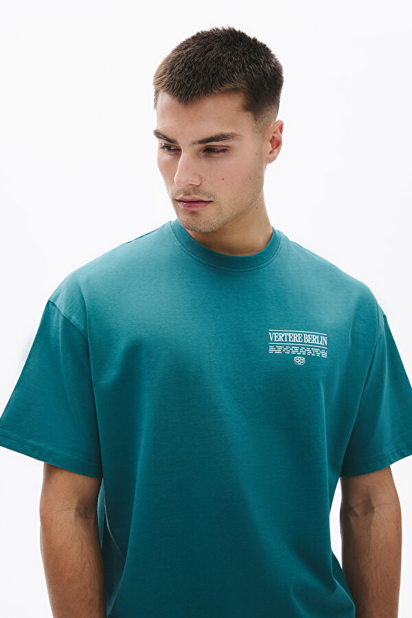 Relax Kalıp Yeşil Bisiklet Yaka Baskılı Erkek T-Shirt 3