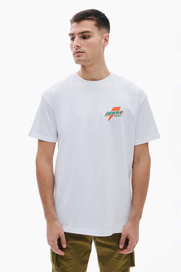 Relax Kalıp Beyaz Bisiklet Yaka Baskılı Erkek T-Shirt