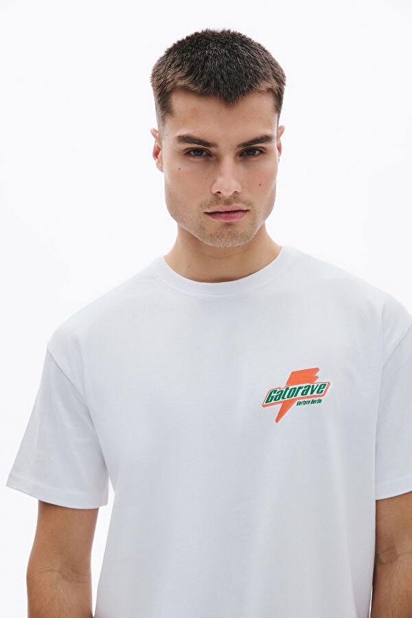 Relax Kalıp Beyaz Bisiklet Yaka Baskılı Erkek T-Shirt 3