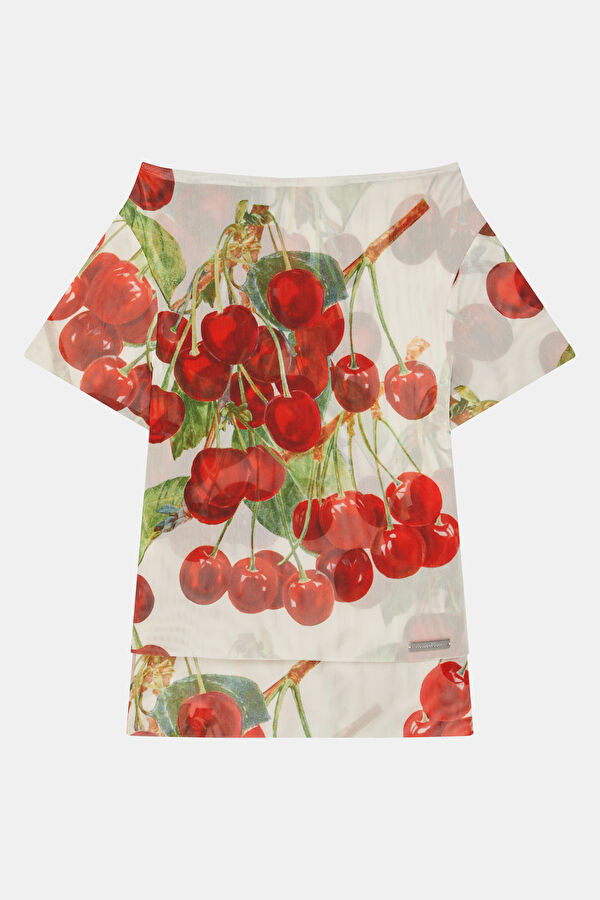 Red Patterned Short-Sleeved Women's Blouse