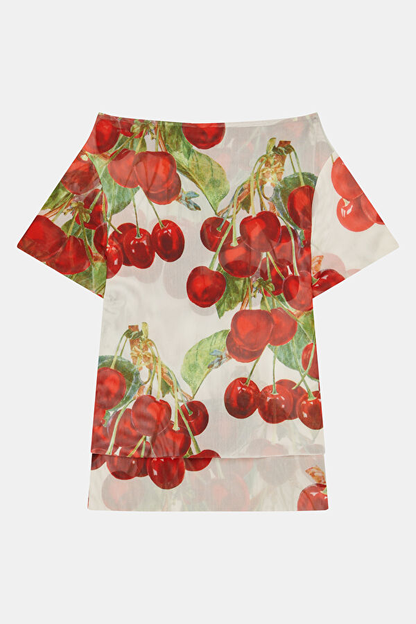 Red Patterned Short-Sleeved Women's Blouse 2