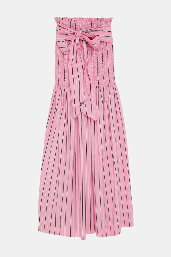 Açık Pembe Çizgili Desenli Midi Kadın Elbise