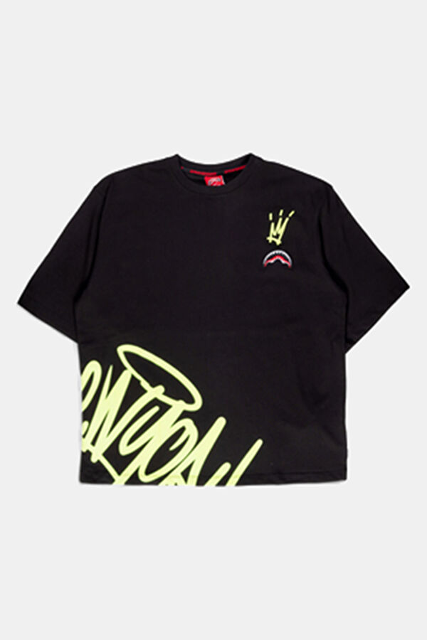 Relax Kalıp Siyah Bisiklet Yaka Baskılı Erkek T-Shirt