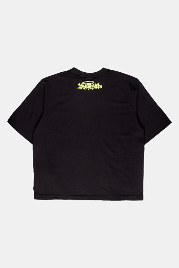Relax Kalıp Siyah Bisiklet Yaka Baskılı Erkek T-Shirt 2