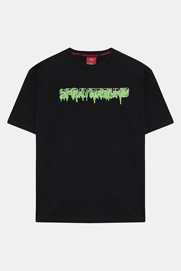 Relax Kalıp Siyah Bisiklet Yaka Baskılı Erkek T-Shirt