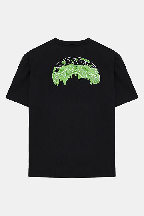Relax Kalıp Siyah Bisiklet Yaka Baskılı Erkek T-Shirt 2