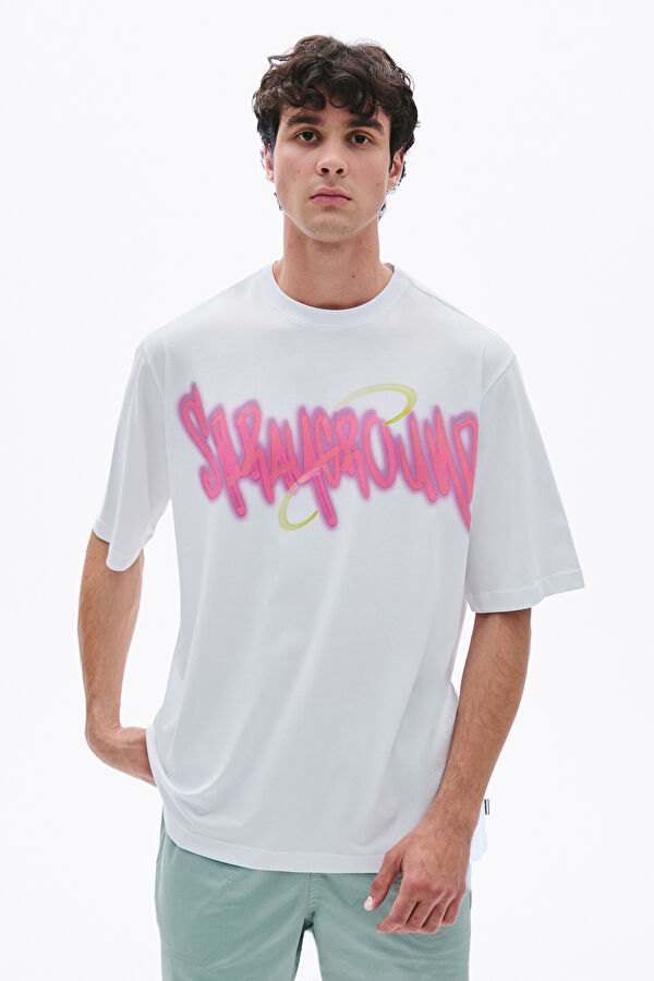 Relax Kalıp Beyaz Bisiklet Yaka Baskılı Erkek T-Shirt