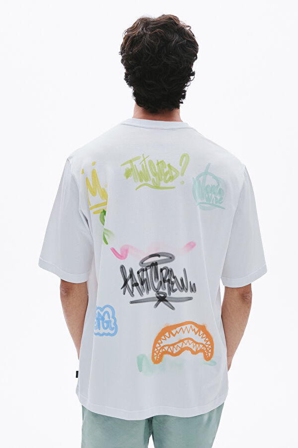 Relax Kalıp Beyaz Bisiklet Yaka Baskılı Erkek T-Shirt 2