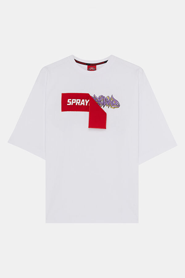 Relax Kalıp Beyaz Bisiklet Yaka Baskılı Erkek T-Shirt