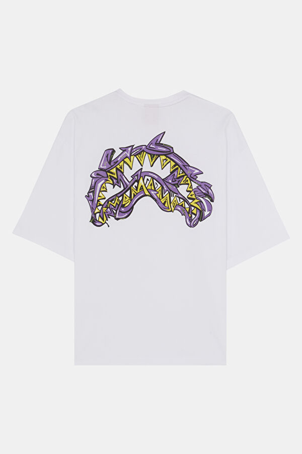 Relax Kalıp Beyaz Bisiklet Yaka Baskılı Erkek T-Shirt 2